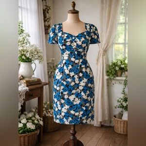 Vintage 1980s Designer Neiman Marcus Floral Silk, Blue, Black & White Dress